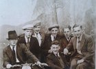207  George Knowles Jnr. born 1918 is in the centre of front three. Possible a group of lads setting of to Blackpool. Is the chap holding the handle bars George Knowles - please let us know. Photo c.1938